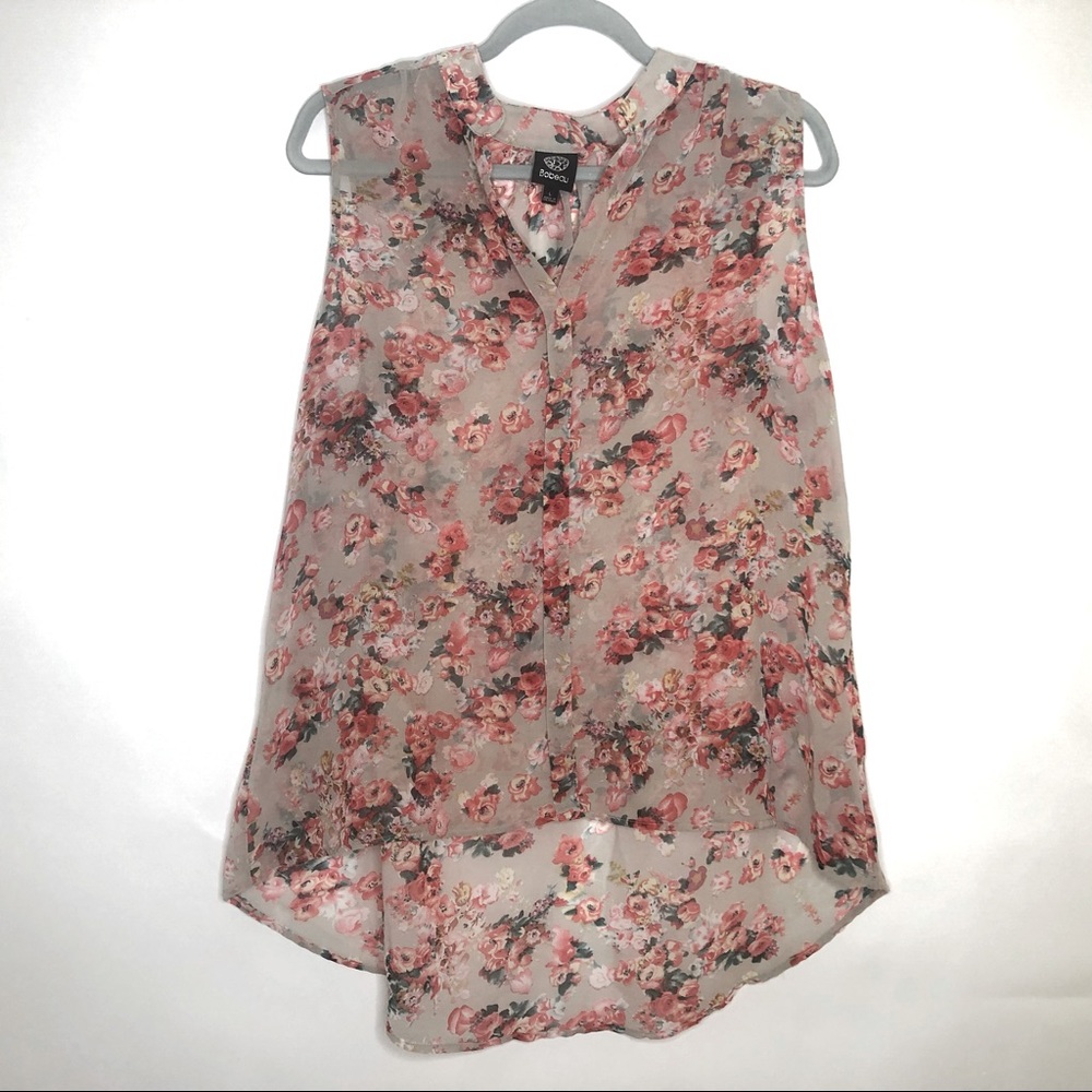 BOBEAU sheer sleeveless blouse pink floral roses L